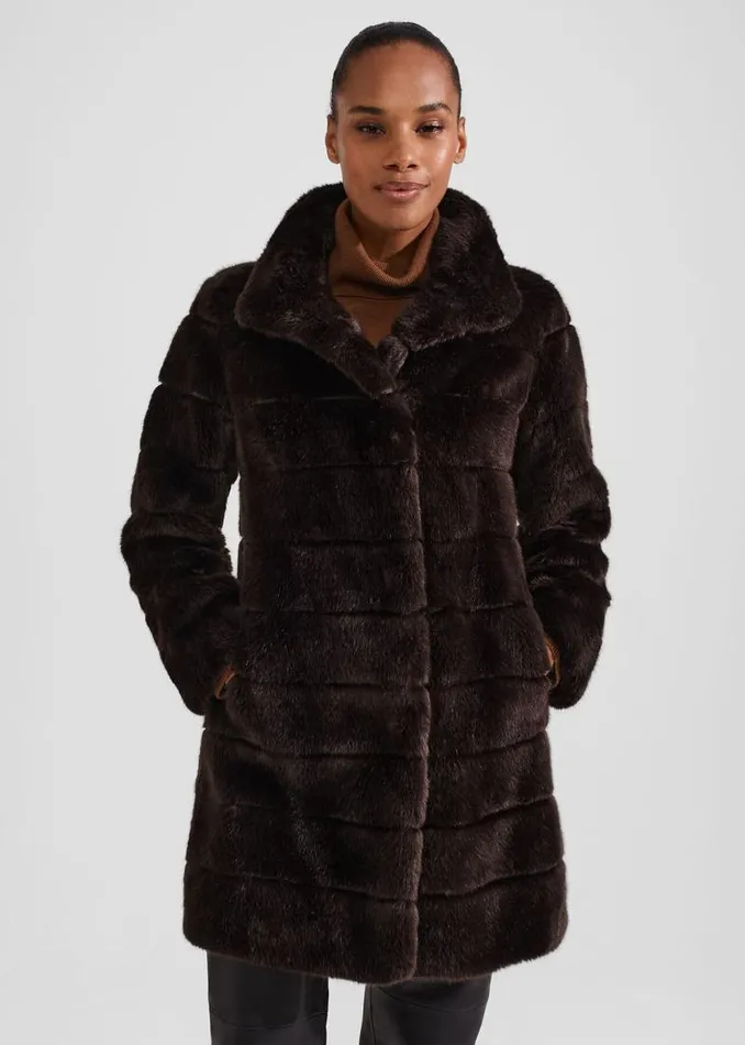 Women HOBBS Coats and Jackets Ros Faux Fur Coat Chocolate