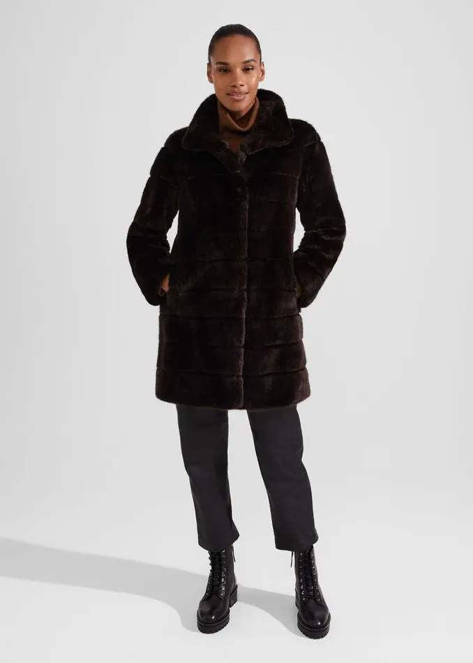 Women HOBBS Coats and Jackets Ros Faux Fur Coat Chocolate