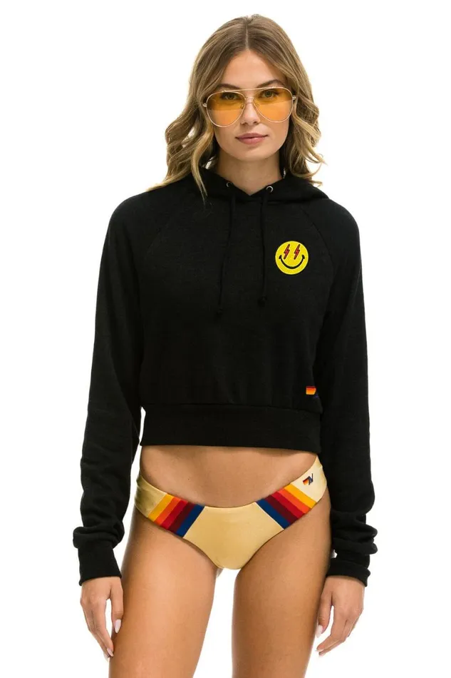 Women Hoodies Aviator Nation Smiley Bolt Eyes Cropped Hoodie 8211 Black