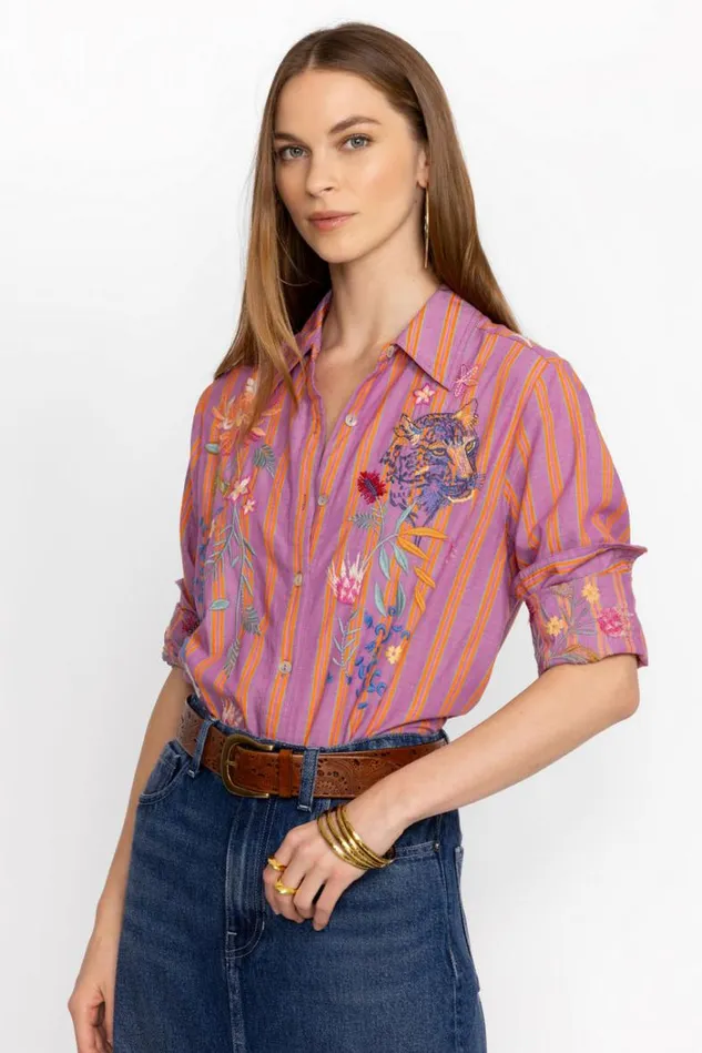 Women INDALO BUTTON DOWN SHIRT TUNIC Stripe Johnny Was Tops