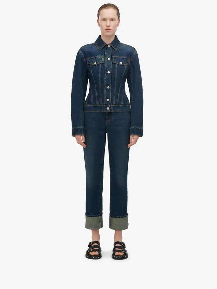 Women Jackets Alexander McQueen Waisted Denim Jacket Indigo