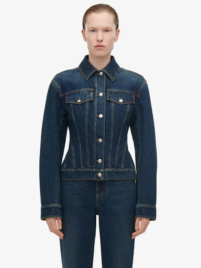 Women Jackets Alexander McQueen Waisted Denim Jacket Indigo