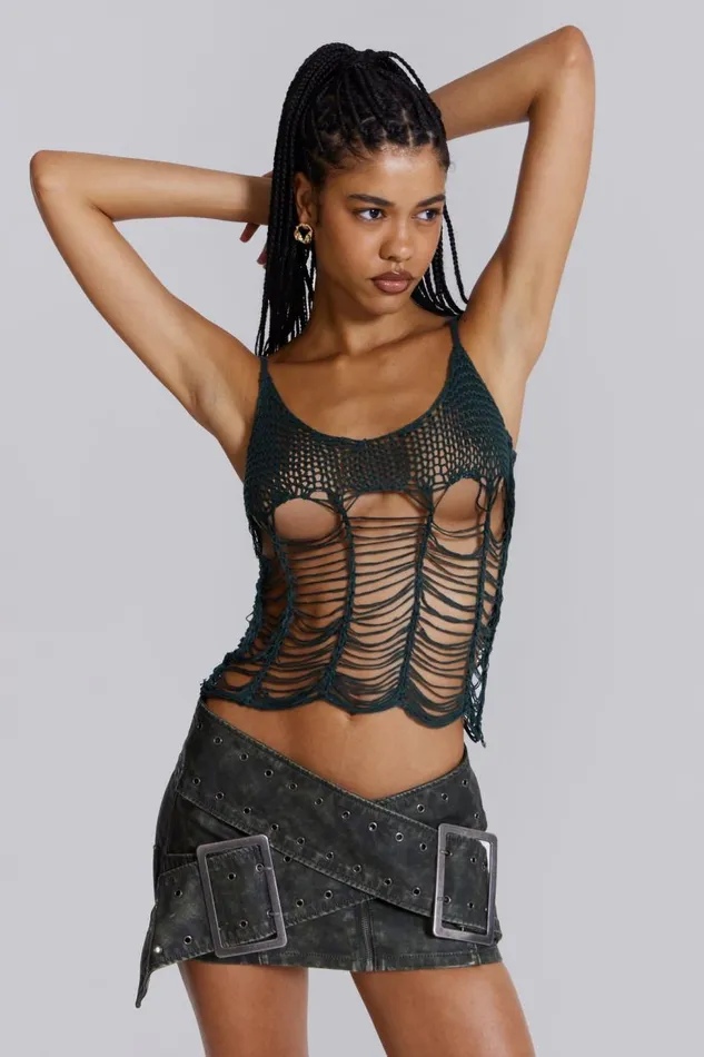Women Khaki Green Laddered Knit Top Jaded London Knitwear