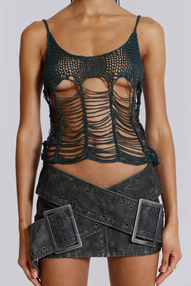 Women Khaki Green Laddered Knit Top Jaded London Knitwear