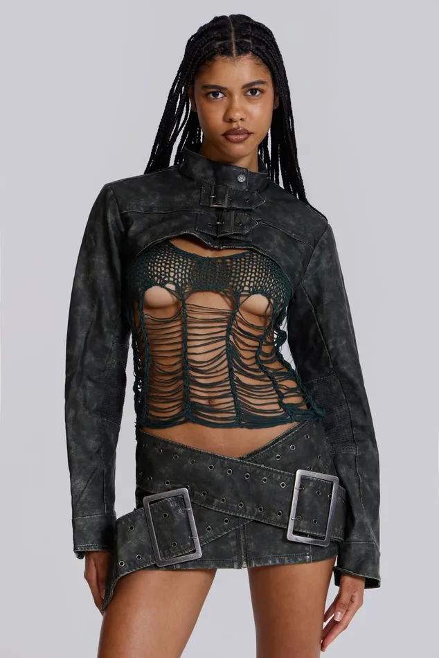 Women Khaki Green Laddered Knit Top Jaded London Knitwear
