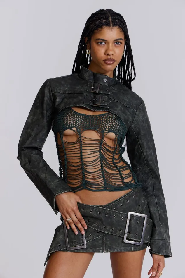 Women Khaki Green Laddered Knit Top Jaded London Knitwear