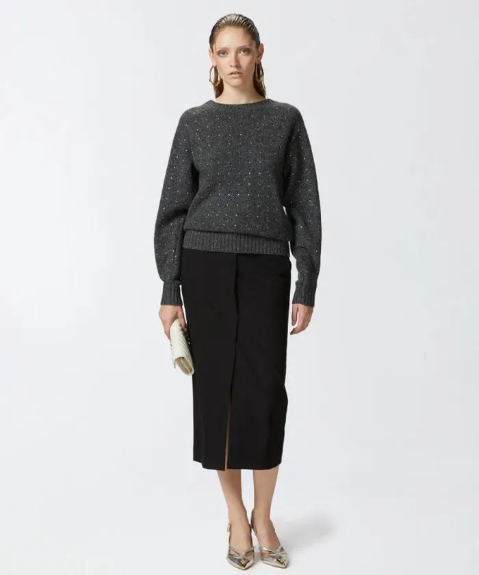 Women Knitwear Pinko Alpacablend Sweater With Rhinestones Greyblack Women Knitwear Pinko Alpacablend Sweater With Rhinestones Greyblack