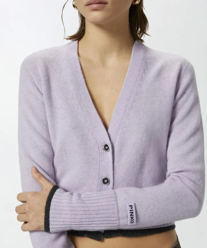 Women Knitwear Pinko Cashmere Wool Cropped Cardigan With Contrasts Pinkgrey Melange Women Knitwear Pinko Cashmere Wool Cropped Cardigan With Contrasts Pinkgrey Melange