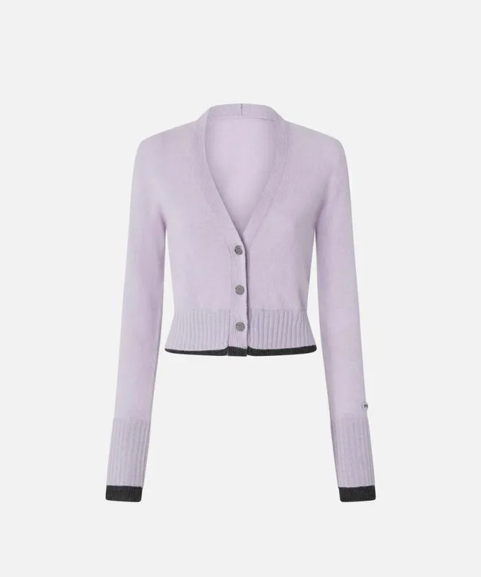 Women Knitwear Pinko Cashmere Wool Cropped Cardigan With Contrasts Pinkgrey Melange Women Knitwear Pinko Cashmere Wool Cropped Cardigan With Contrasts Pinkgrey Melange