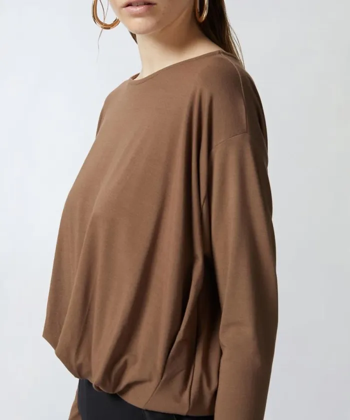 Women Knitwear Pinko Draped Flowing Jersey Sweater Dark Earth Women Knitwear Pinko Draped Flowing Jersey Sweater Dark Earth