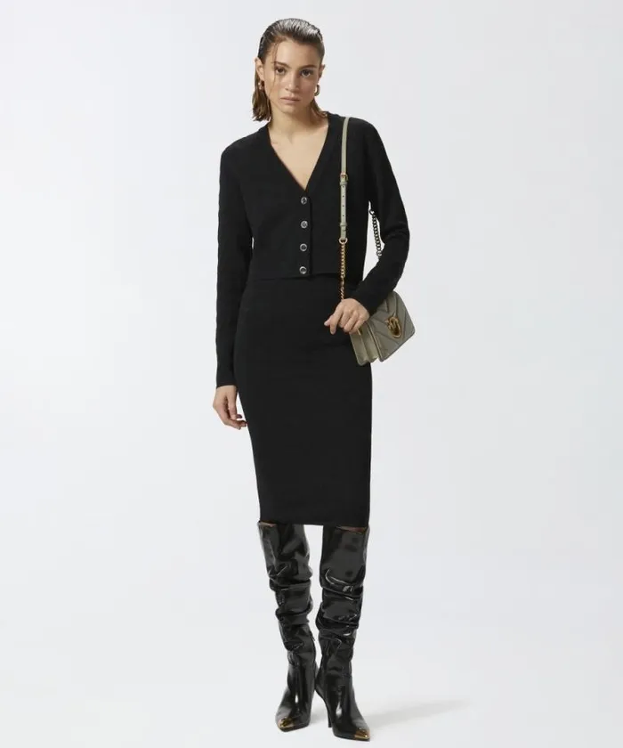 Women Knitwear Pinko Monogram Vneck Cropped Cardigan Limo Black Women Knitwear Pinko Monogram Vneck Cropped Cardigan Limo Black