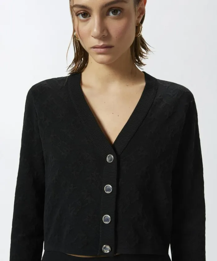Women Knitwear Pinko Monogram Vneck Cropped Cardigan Limo Black Women Knitwear Pinko Monogram Vneck Cropped Cardigan Limo Black