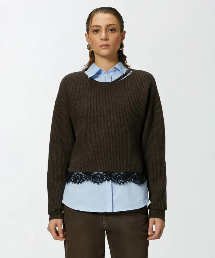 Women Knitwear Pinko Ribbed Sweater With Lace At The Hem Brown
