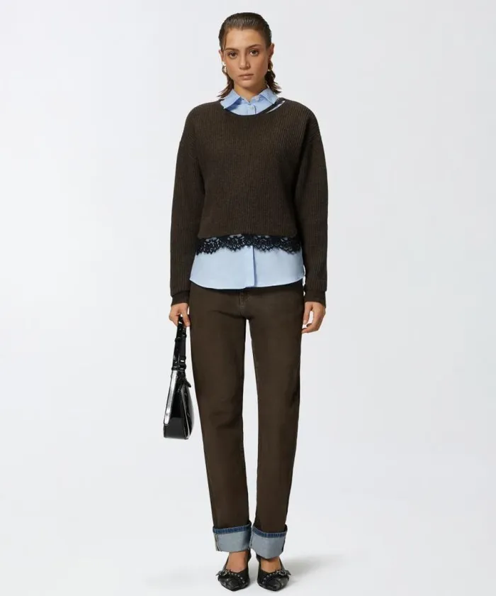 Women Knitwear Pinko Ribbed Sweater With Lace At The Hem Brown Women Knitwear Pinko Ribbed Sweater With Lace At The Hem Brown