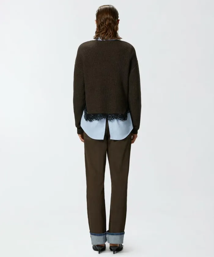 Women Knitwear Pinko Ribbed Sweater With Lace At The Hem Brown Women Knitwear Pinko Ribbed Sweater With Lace At The Hem Brown