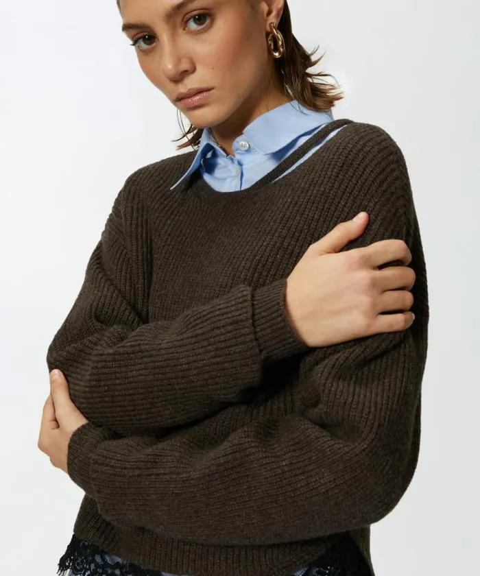 Women Knitwear Pinko Ribbed Sweater With Lace At The Hem Brown Women Knitwear Pinko Ribbed Sweater With Lace At The Hem Brown