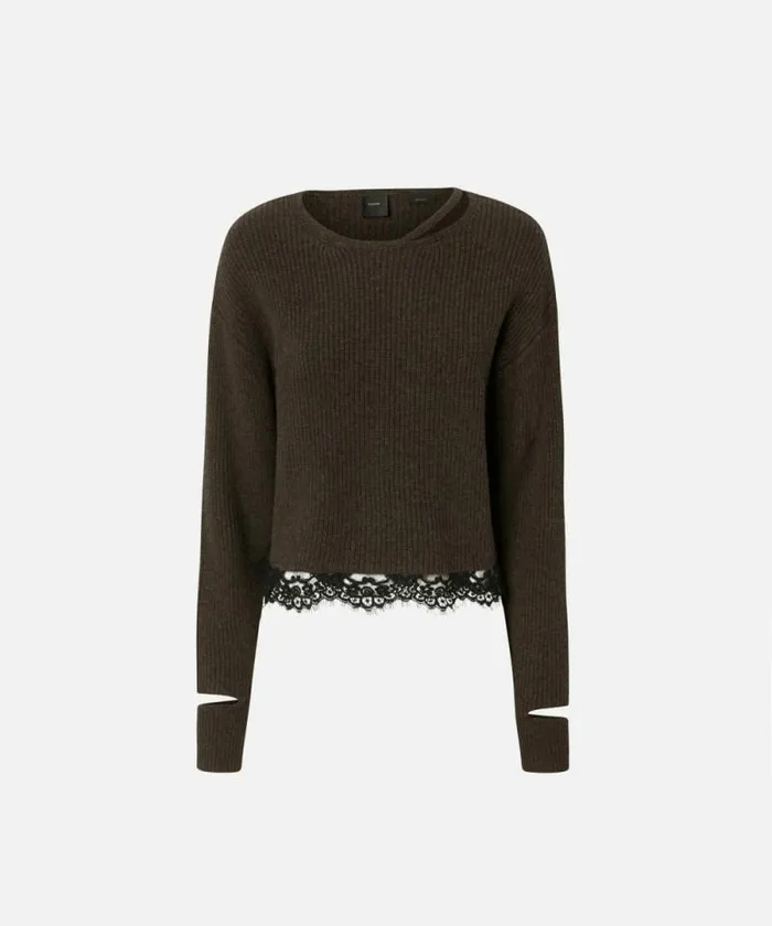 Women Knitwear Pinko Ribbed Sweater With Lace At The Hem Brown Women Knitwear Pinko Ribbed Sweater With Lace At The Hem Brown