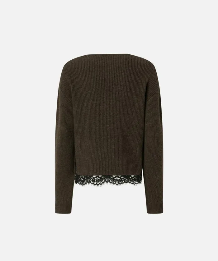 Women Knitwear Pinko Ribbed Sweater With Lace At The Hem Brown Women Knitwear Pinko Ribbed Sweater With Lace At The Hem Brown