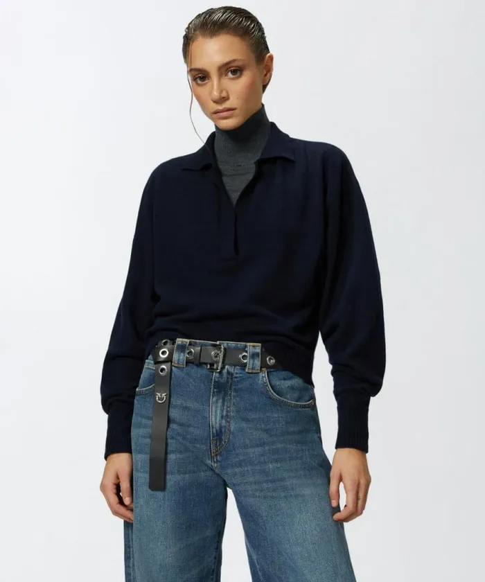 Women Knitwear Pinko Short Cashmereblend Sweater With Collar Dark Navy Blue