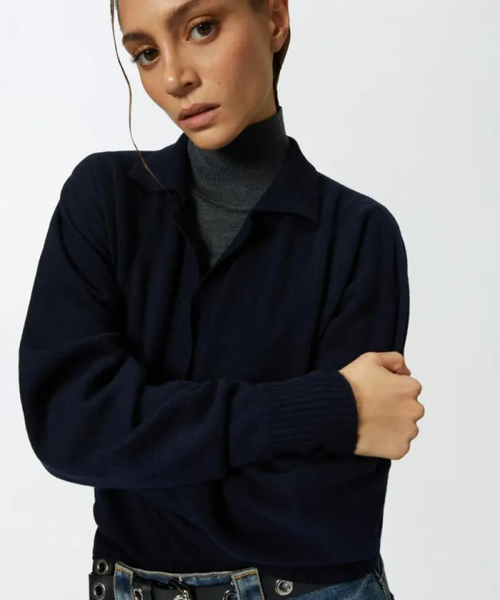 Women Knitwear Pinko Short Cashmereblend Sweater With Collar Dark Navy Blue Women Knitwear Pinko Short Cashmereblend Sweater With Collar Dark Navy Blue