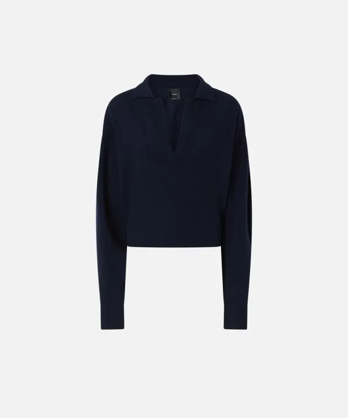 Women Knitwear Pinko Short Cashmereblend Sweater With Collar Dark Navy Blue Women Knitwear Pinko Short Cashmereblend Sweater With Collar Dark Navy Blue