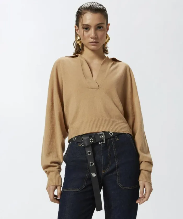 Women Knitwear Pinko Short Cashmereblend Sweater With Collar Warm Taupe Beige