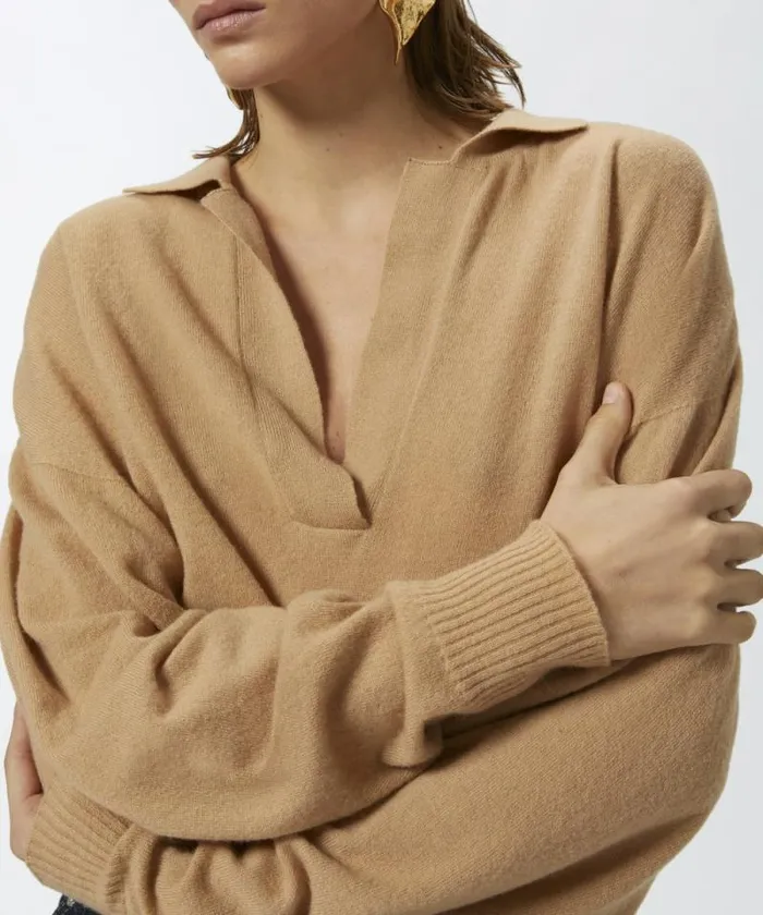 Women Knitwear Pinko Short Cashmereblend Sweater With Collar Warm Taupe Beige Women Knitwear Pinko Short Cashmereblend Sweater With Collar Warm Taupe Beige
