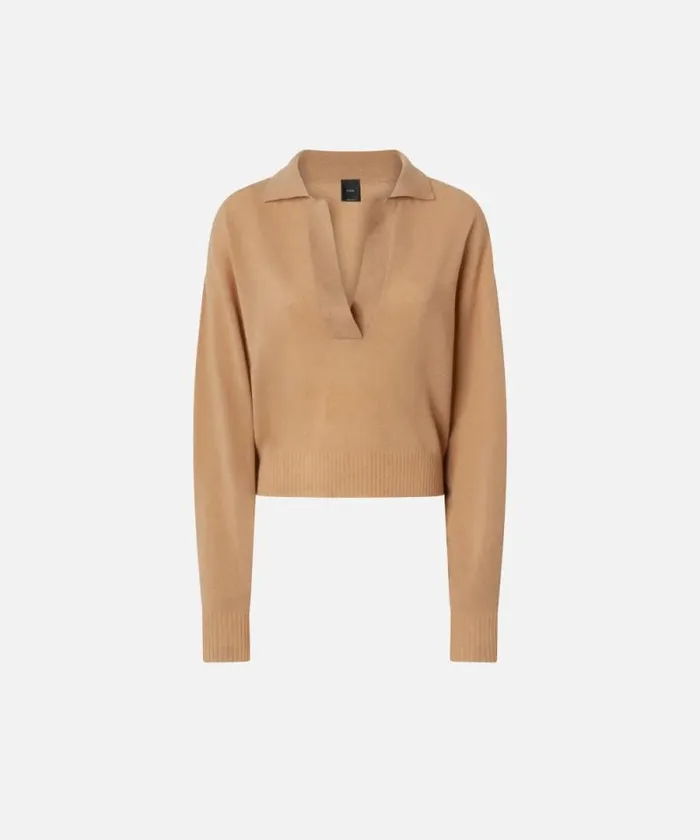 Women Knitwear Pinko Short Cashmereblend Sweater With Collar Warm Taupe Beige Women Knitwear Pinko Short Cashmereblend Sweater With Collar Warm Taupe Beige
