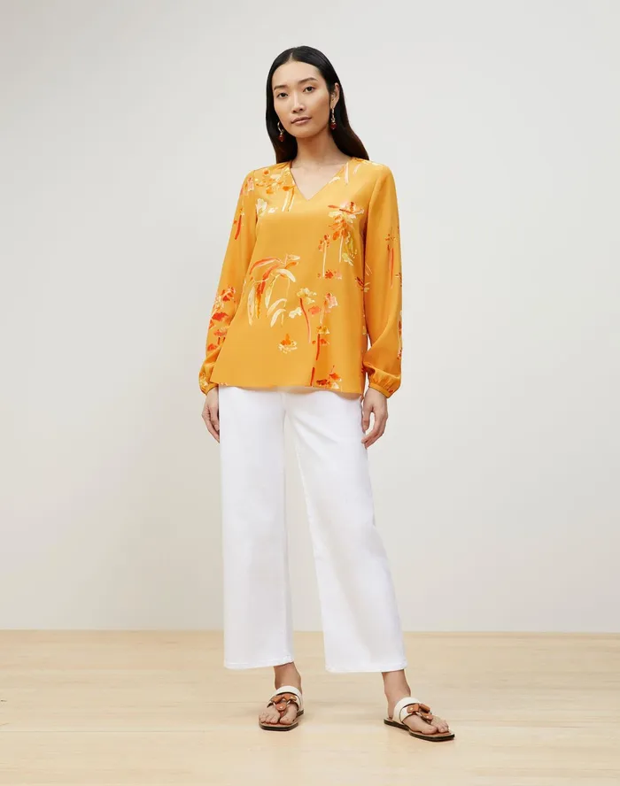 Women Lafayette 148 New York Blouses and Shirts Petite Melba Blouse In Oasis Print Silk Tuscan Orange Multi