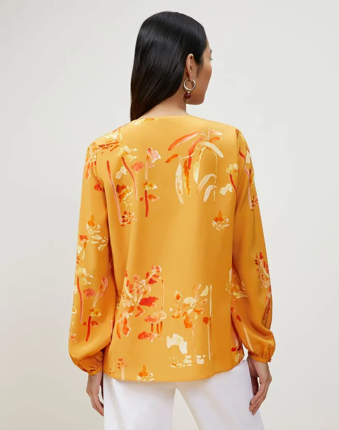 Women Lafayette 148 New York Blouses and Shirts Petite Melba Blouse In Oasis Print Silk Tuscan Orange Multi