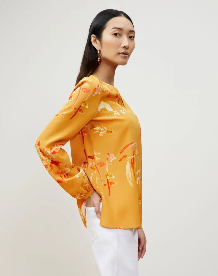 Women Lafayette 148 New York Blouses and Shirts Petite Melba Blouse In Oasis Print Silk Tuscan Orange Multi
