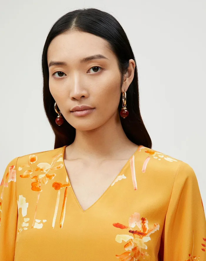 Women Lafayette 148 New York Blouses and Shirts Petite Melba Blouse In Oasis Print Silk Tuscan Orange Multi