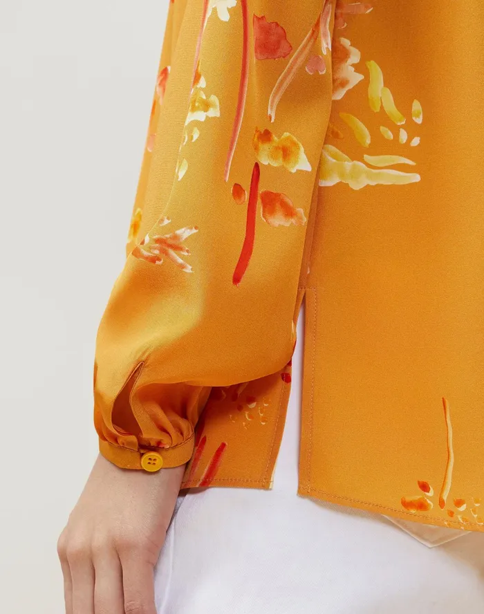 Women Lafayette 148 New York Blouses and Shirts Petite Melba Blouse In Oasis Print Silk Tuscan Orange Multi