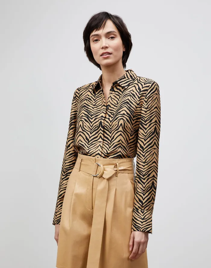Women Lafayette 148 New York Blouses and Shirts PlusSize Scottie Blouse In Mini Zevron Print Shantung Honeynut Multi Women Lafayette 148 New York Blouses and Shirts PlusSize Scottie Blouse In Mini Zevron Print Shantung Honeynut Multi