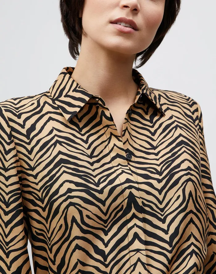 Women Lafayette 148 New York Blouses and Shirts PlusSize Scottie Blouse In Mini Zevron Print Shantung Honeynut Multi
