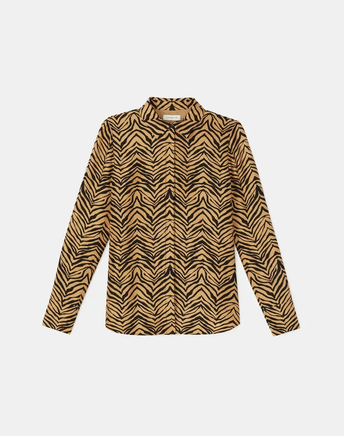 Women Lafayette 148 New York Blouses and Shirts PlusSize Scottie Blouse In Mini Zevron Print Shantung Honeynut Multi