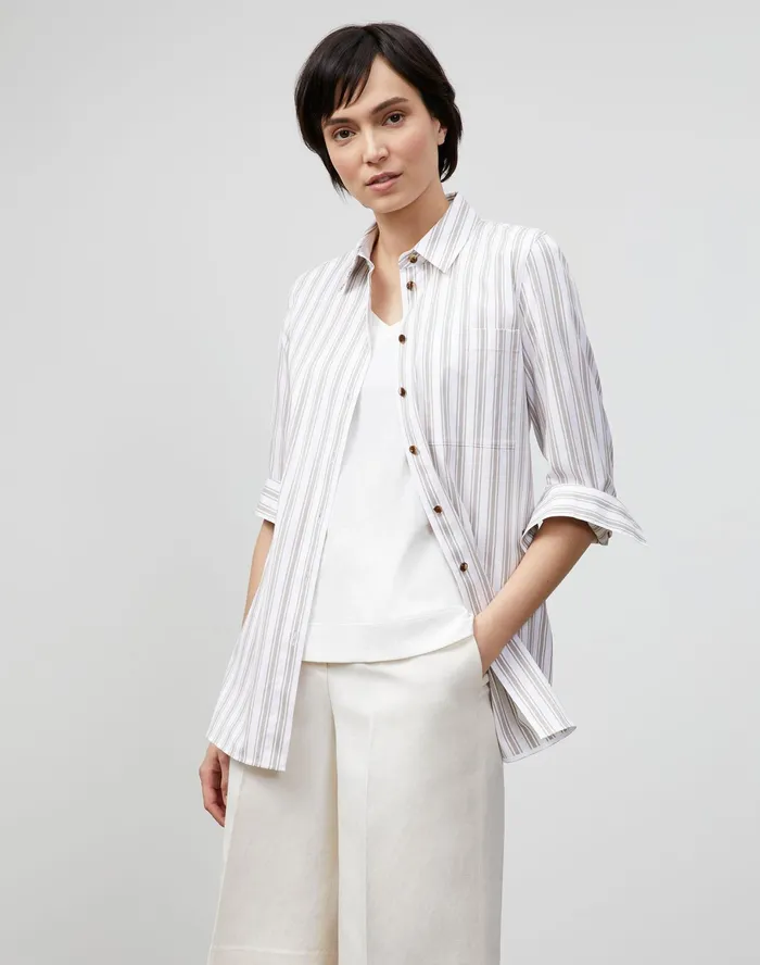 Women Lafayette 148 New York Blouses and Shirts Ruxton Shirt In KindCotton Marina Stripe Smoked Taupe Multi Women Lafayette 148 New York Blouses and Shirts Ruxton Shirt In KindCotton Marina Stripe Smoked Taupe Multi
