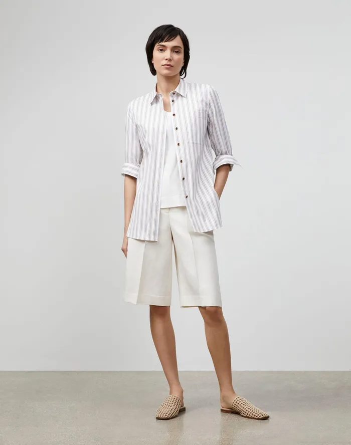 Women Lafayette 148 New York Blouses and Shirts Ruxton Shirt In KindCotton Marina Stripe Smoked Taupe Multi