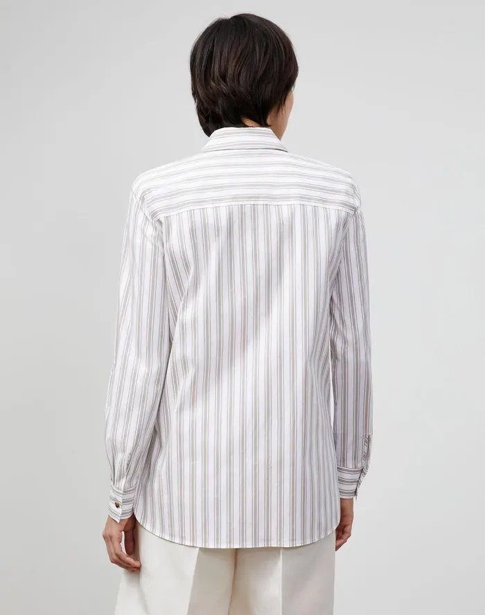Women Lafayette 148 New York Blouses and Shirts Ruxton Shirt In KindCotton Marina Stripe Smoked Taupe Multi