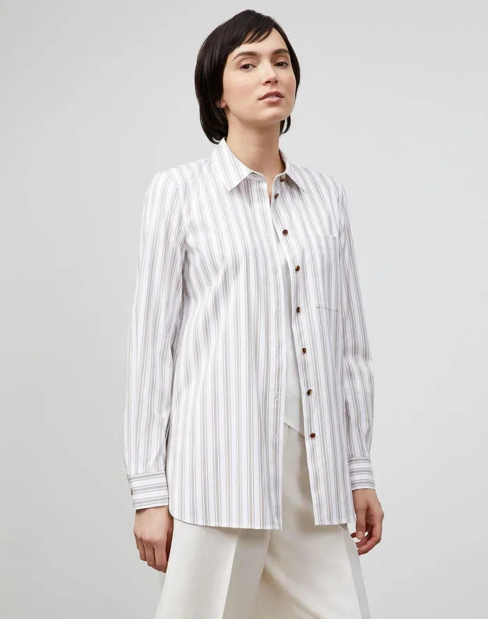 Women Lafayette 148 New York Blouses and Shirts Ruxton Shirt In KindCotton Marina Stripe Smoked Taupe Multi