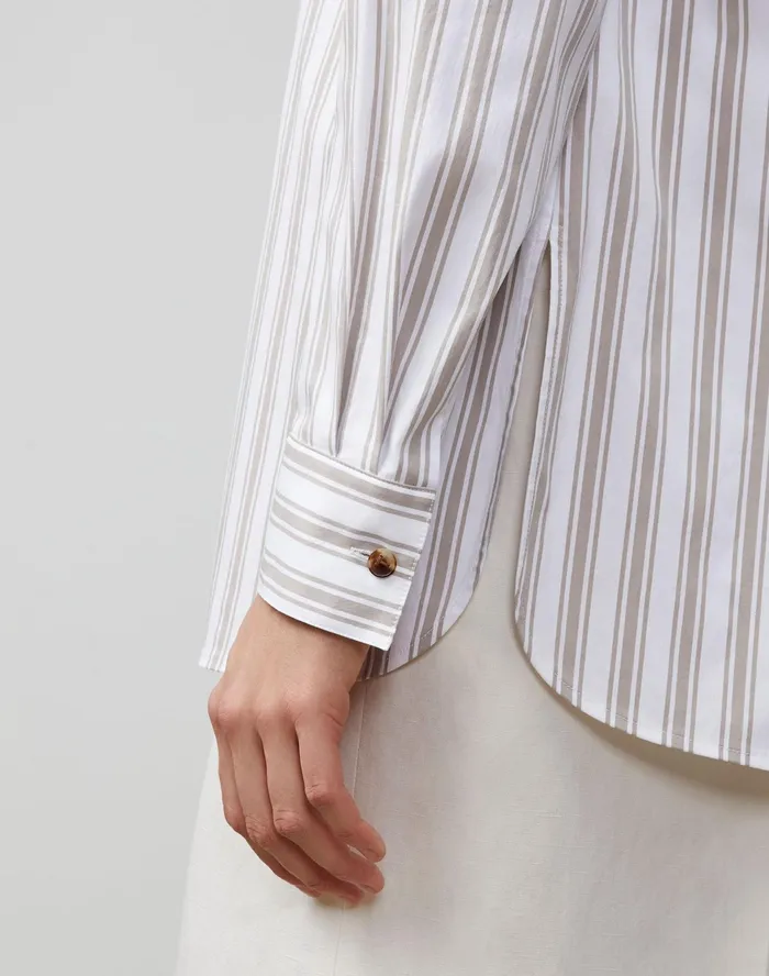 Women Lafayette 148 New York Blouses and Shirts Ruxton Shirt In KindCotton Marina Stripe Smoked Taupe Multi