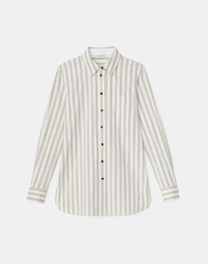 Women Lafayette 148 New York Blouses and Shirts Ruxton Shirt In KindCotton Marina Stripe Smoked Taupe Multi