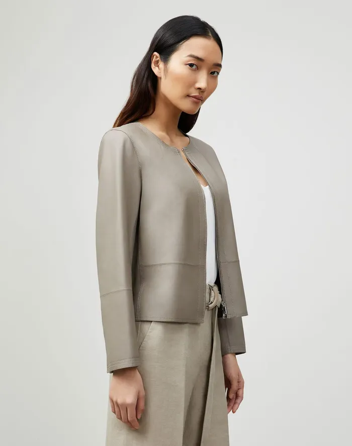Women Lafayette 148 New York Leathers and Suedes Griffith Jacket In Lightweight Plonge Lambskin Mink Grey