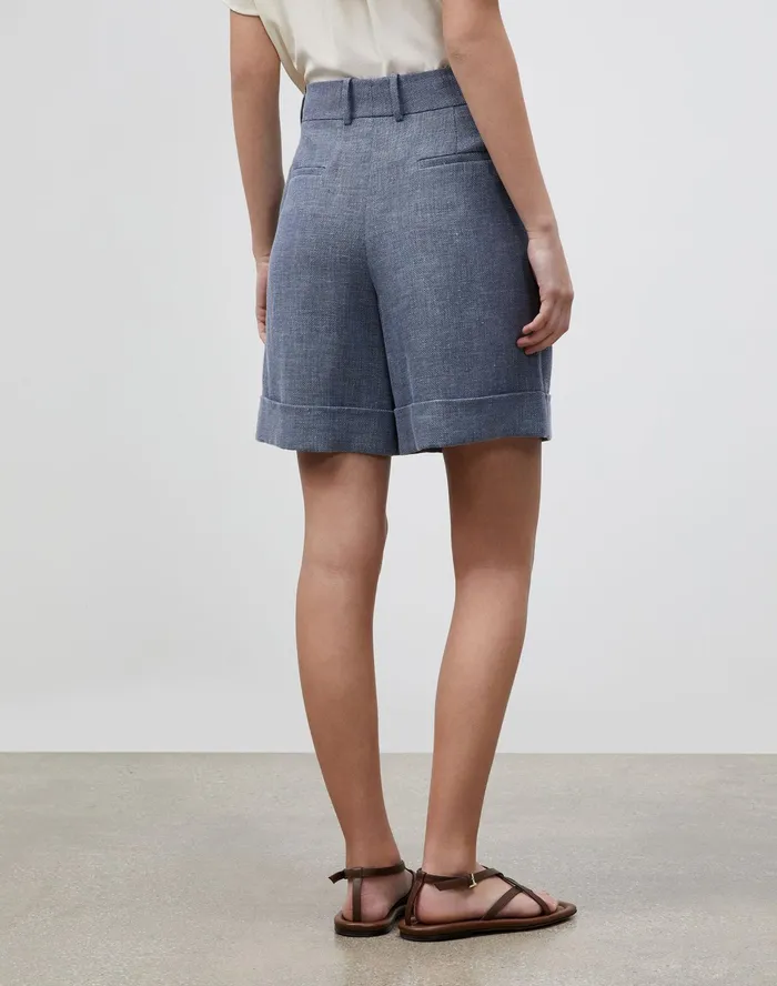 Women Lafayette 148 New York Pants and Shorts Ellis Pleated Short In Italian Isola Weave Bluestone Multi