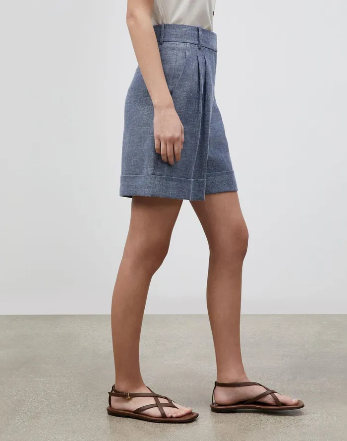Women Lafayette 148 New York Pants and Shorts Ellis Pleated Short In Italian Isola Weave Bluestone Multi
