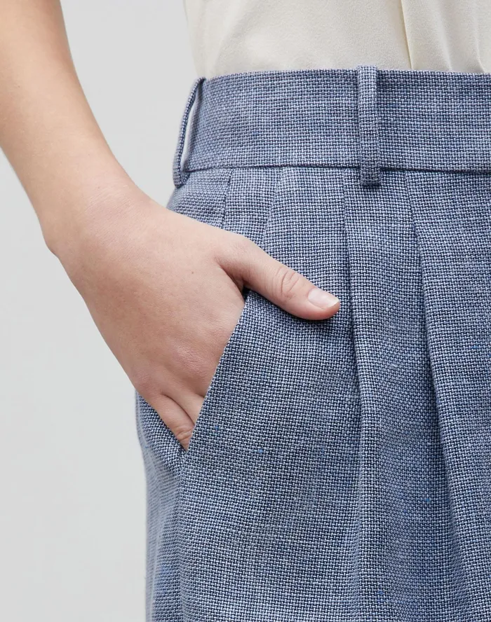 Women Lafayette 148 New York Pants and Shorts Ellis Pleated Short In Italian Isola Weave Bluestone Multi
