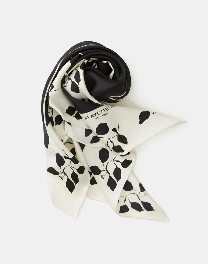 Women Lafayette 148 New York Scarves Drawn Leaves Silk Twill Scarf Black Multi