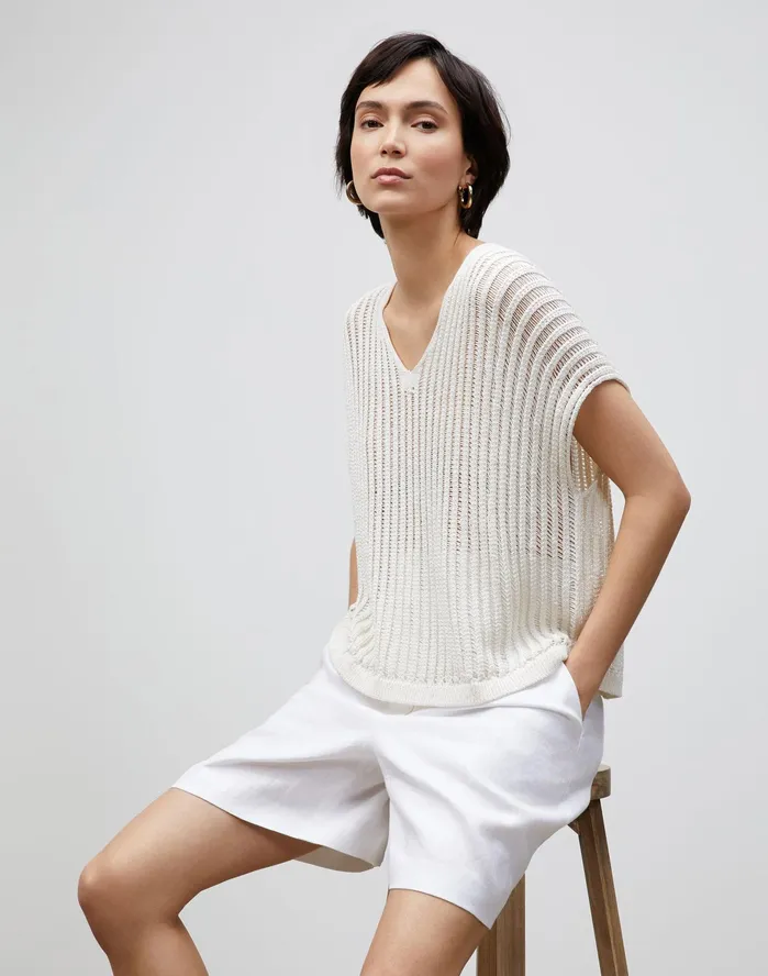 Women Lafayette 148 New York Sweaters Petite Cotton Silk Tape Open Knit VNeck Sweater Cloud Women Lafayette 148 New York Sweaters Petite Cotton Silk Tape Open Knit VNeck Sweater Cloud