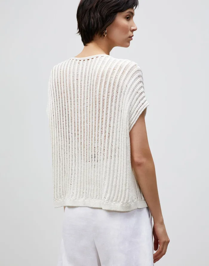 Women Lafayette 148 New York Sweaters Petite Cotton Silk Tape Open Knit VNeck Sweater Cloud
