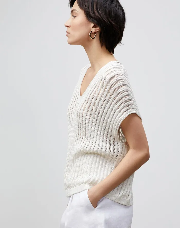 Women Lafayette 148 New York Sweaters Petite Cotton Silk Tape Open Knit VNeck Sweater Cloud